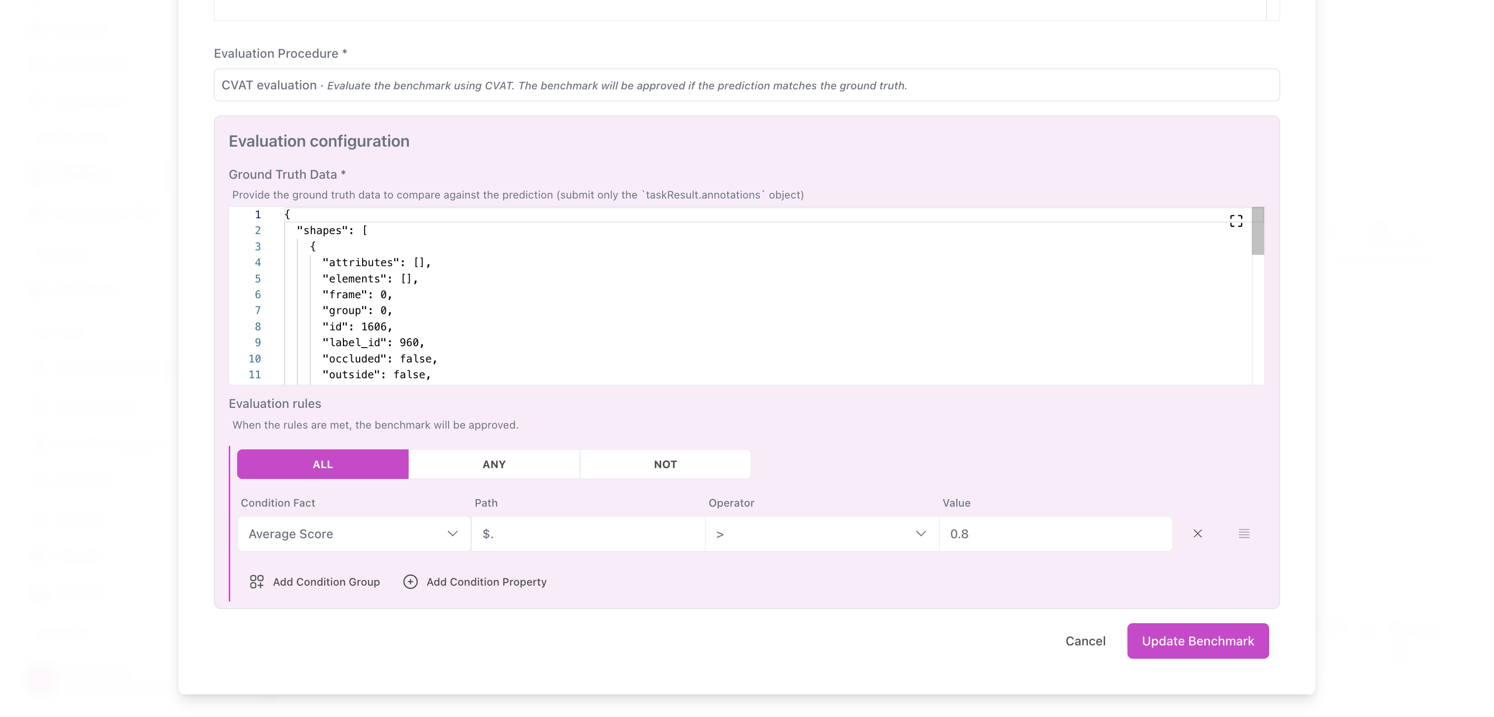 Evaluation procedure dropdown