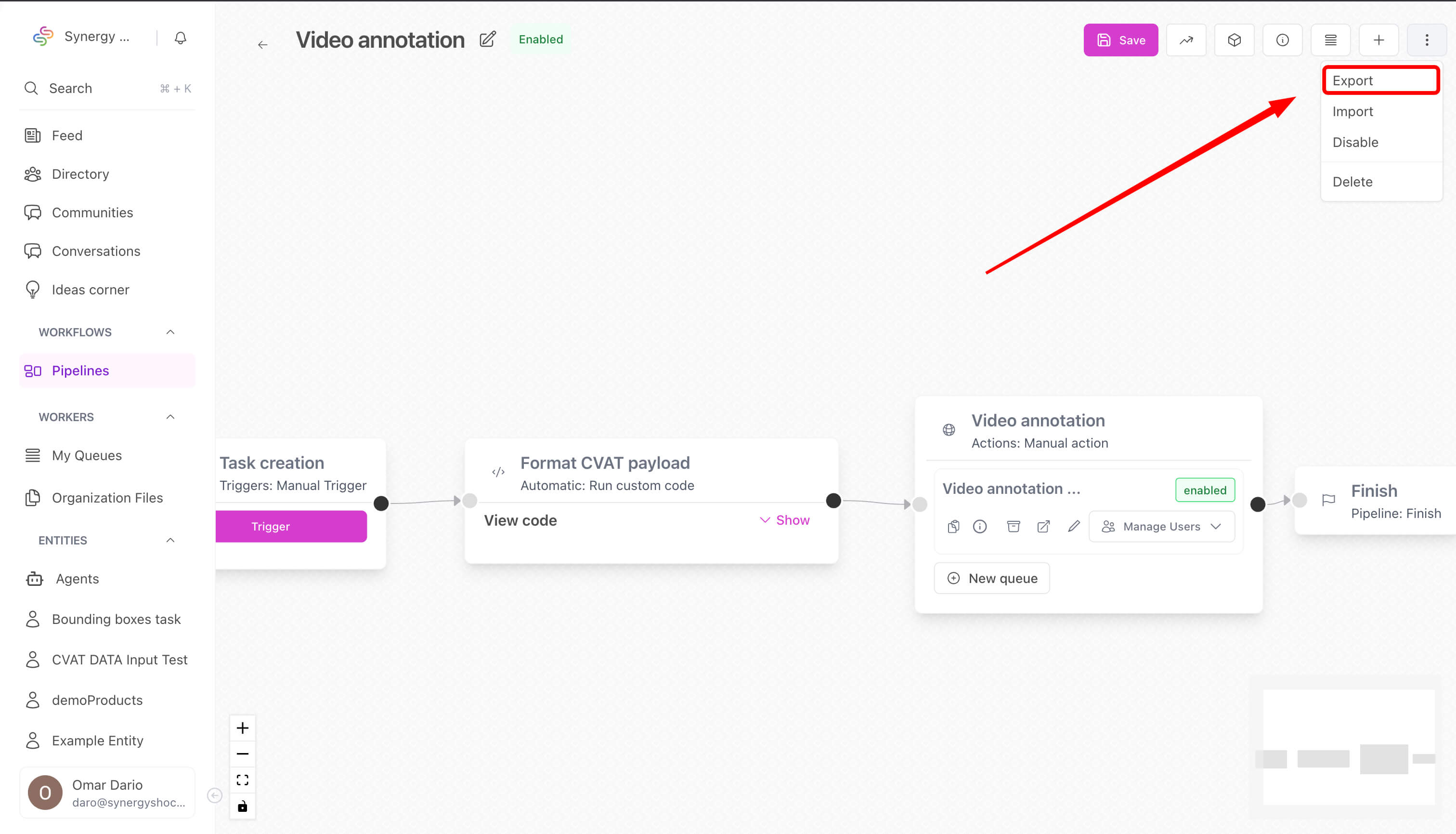 Pipeline export button